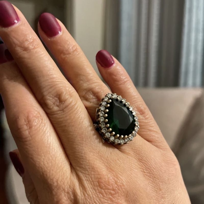 handmade gifts for women's day hurrem sultan tear drop cut emerald ring