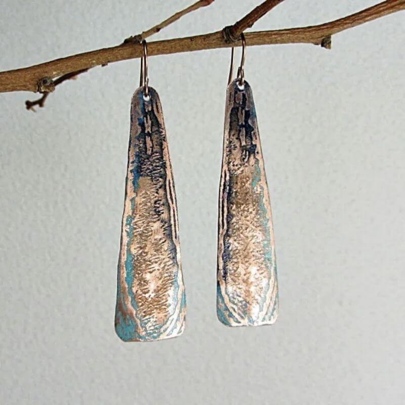handmade gifts for women's day long hammered copper earrings