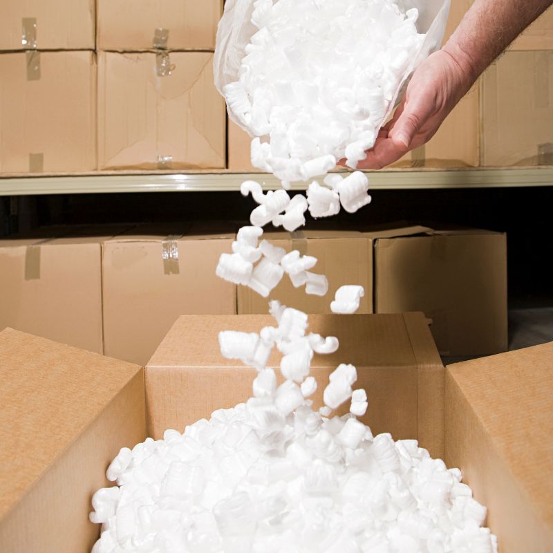 packing peanuts in a box, non-recyclable items