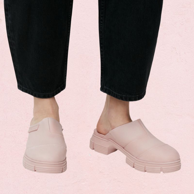 pink mules made of recycled rubber which is one of the sustainable leather alternatives