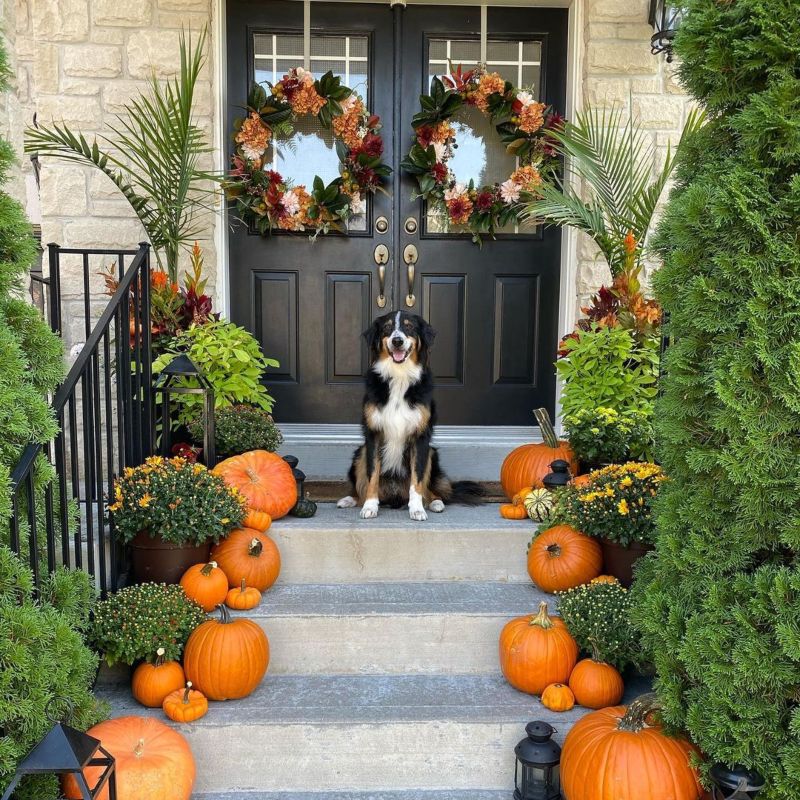 Pumpkins as sustainable fall decor on the entrance of our home