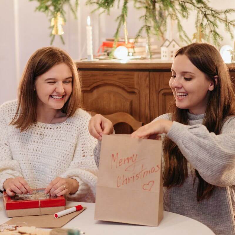 girls opening holiday gifts