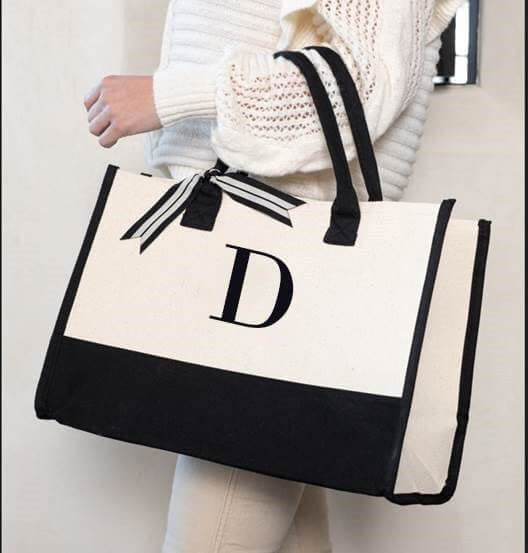 Mud Pie Classic Black and White Initial Canvas Tote Bag 